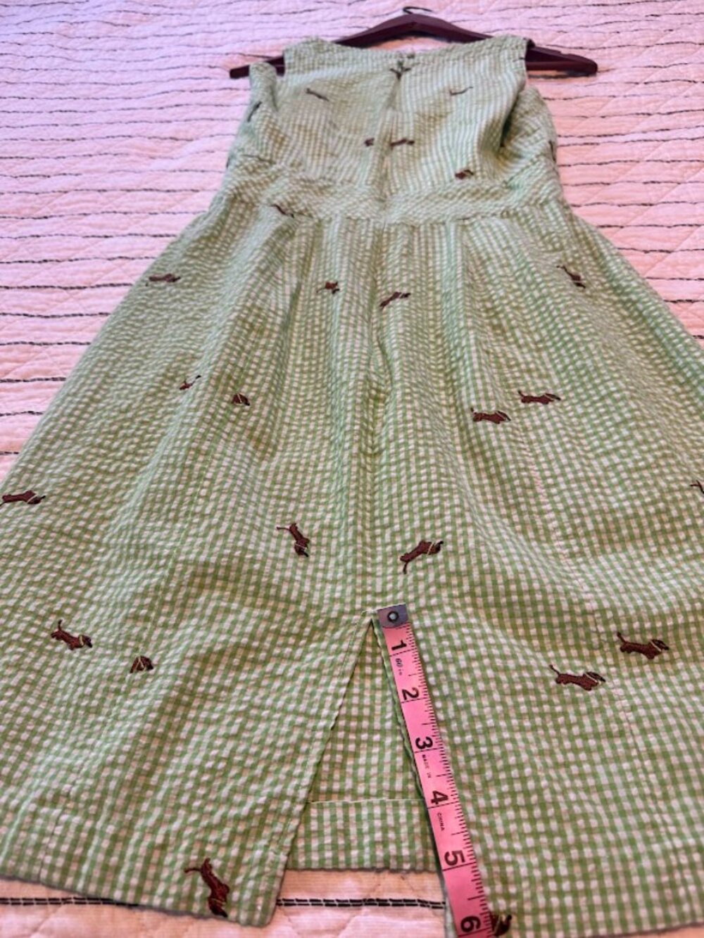 Dachshund Print Green and White Gingham Seersucker Preppy Mini Dress - XS - Picture 7 of 7